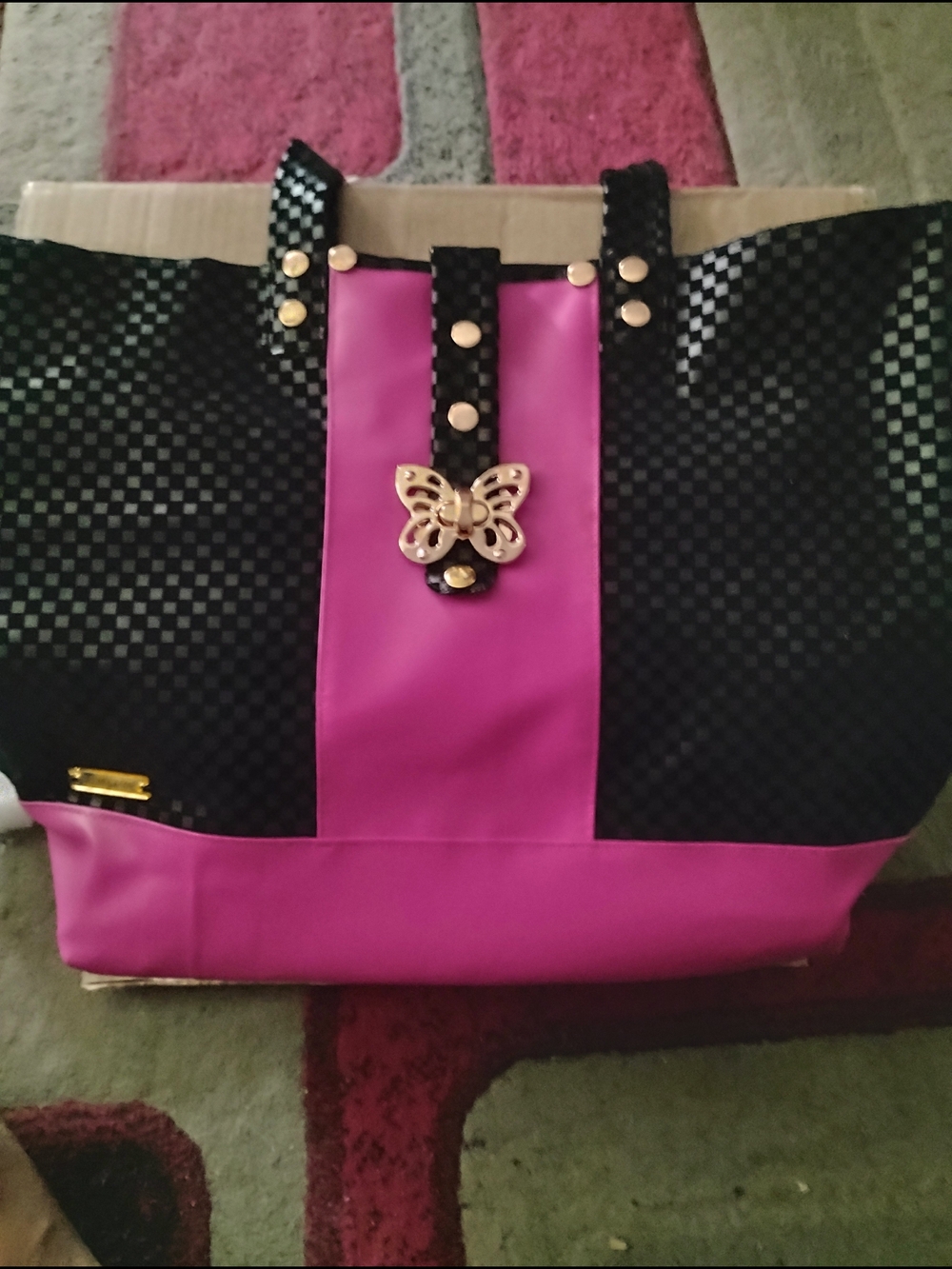 Black and Pink Tote with Gold Butterfly Accent